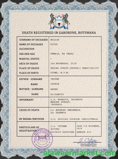 Botswana vital record death certificate PSD template